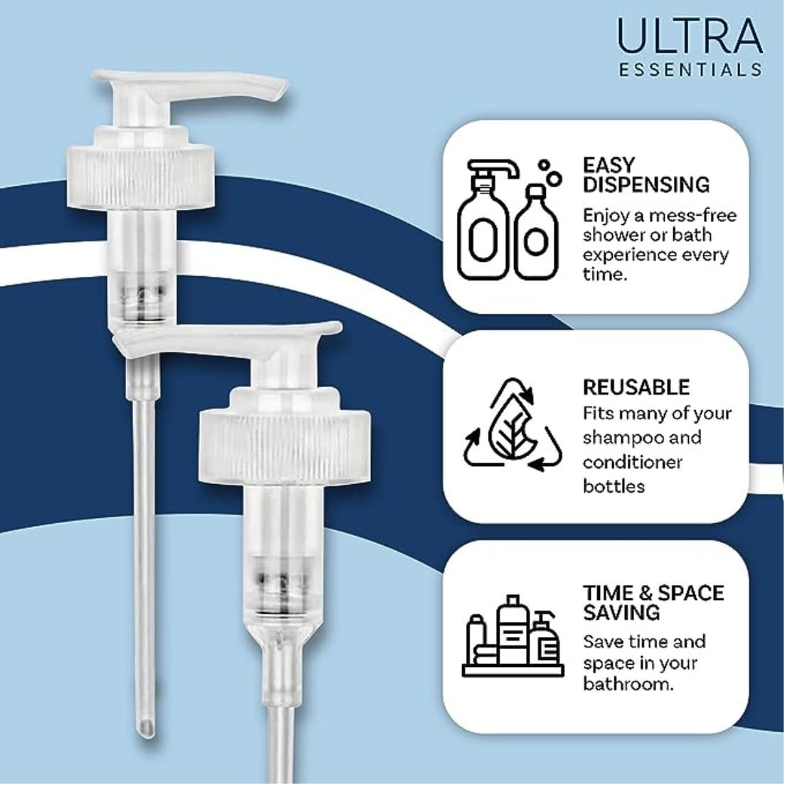 Dispenser Pumps Compatible with Olaplex No. 4 Shampoo and No. 5 Conditioner 8.5 oz, 250 ml Size Bottles, Ultra Essentials