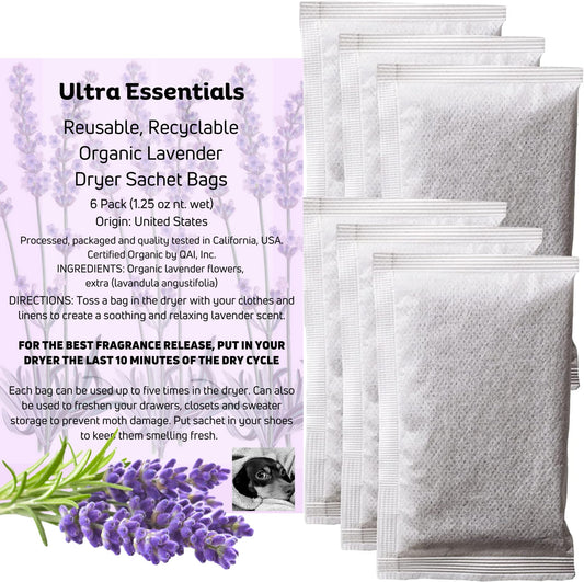 A+ Lavender Sachets for Dryer, Closet & Drawer Fragrance, Freshens Laundry Up to 5 Cycles, Odor Eliminator for Pets, Shoes, Gym Bags, & Cars, Sweater Storage with Premium Extra Dried Flowers (6 Pack)