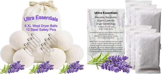 Lavender Dryer Sachets to Freshen Your Laundry, 6 Pack & 6 XL Wool Dryer Balls plus 12 Large Safety Pins to Prevent Static, Bundle