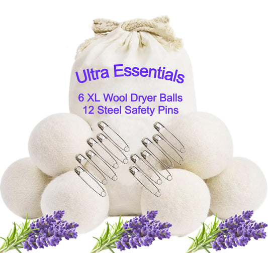 Wool Dryer Balls (6 XL) plus 2 inch Steel SAFETY PINS (12) to Prevent Static, Replace Dryer Sheets with Natural Fabric Softener, Reusable, Reduces Drying Time and Clothing Wrinkles | Ultra Essentials