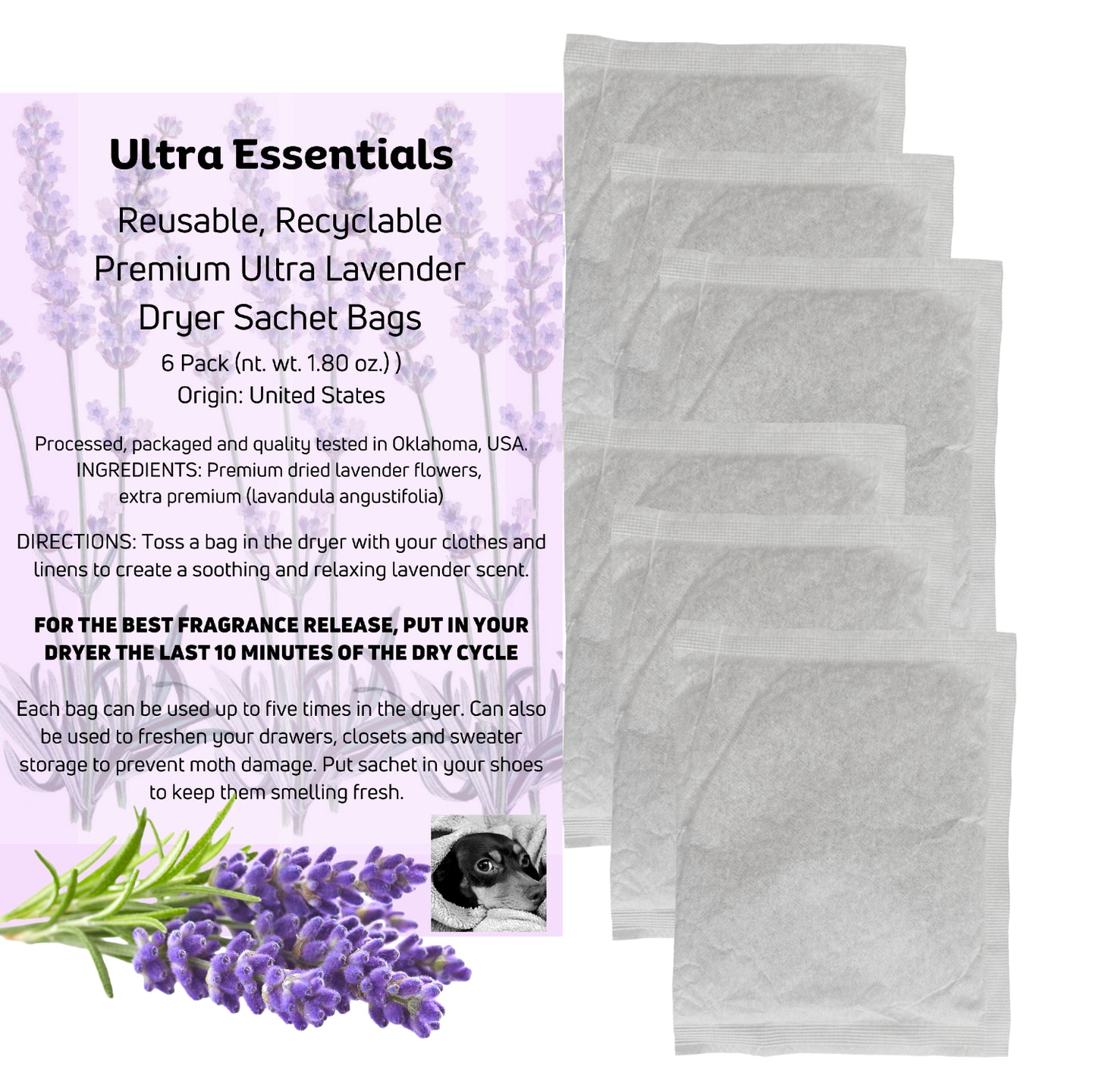A+ Lavender Sachets for Dryer, Closet & Drawer Fragrance, Freshens Laundry Up to 5 Cycles, Odor Eliminator for Pets, Shoes, Gym Bags, & Cars, Sweater Storage with Premium Extra Dried Flowers (6 Pack)